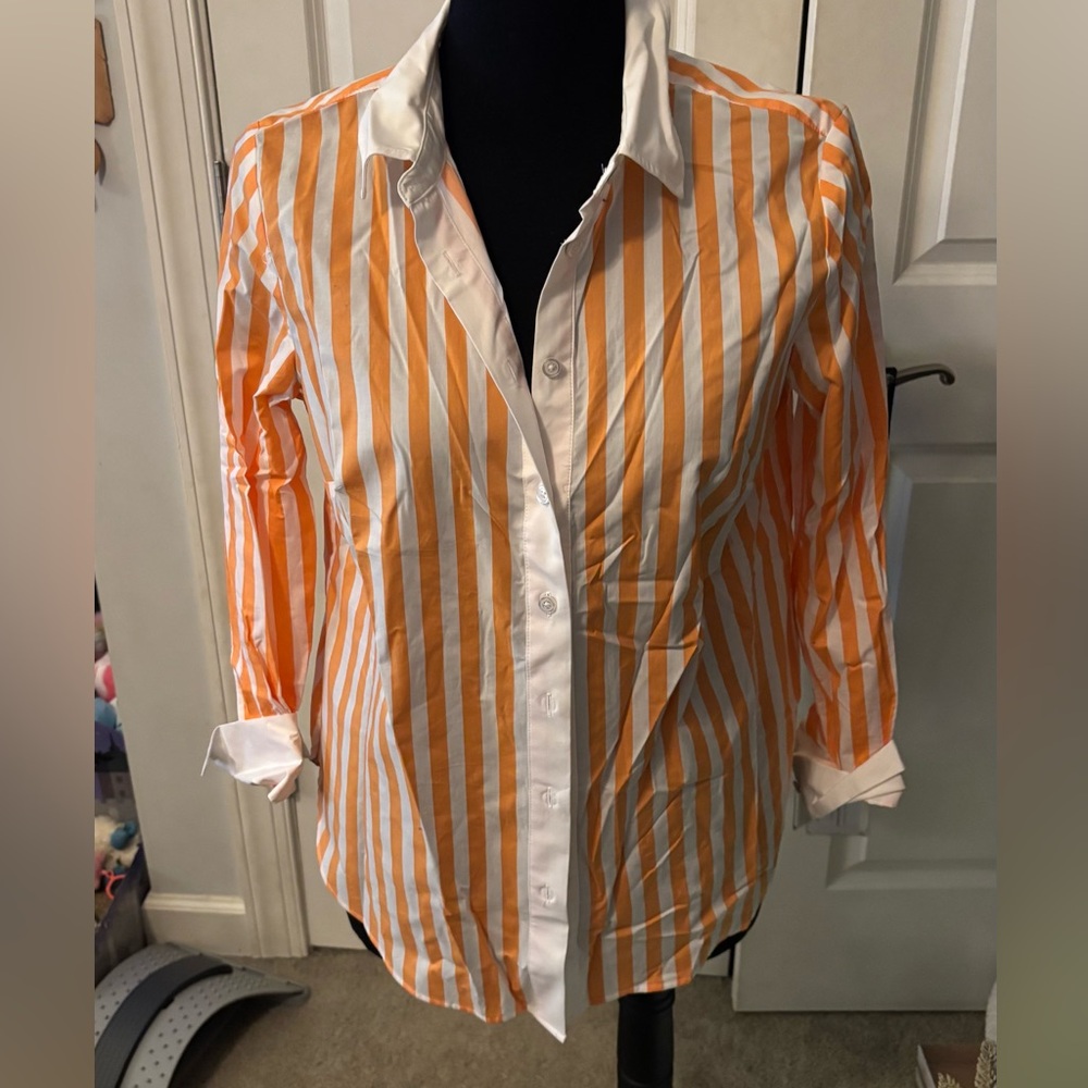Orange and White Striped Button-Up Shirt